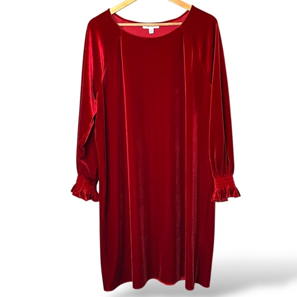 NINE WEST Red Velvet Long Sleeve Midi Dress Sz XL - Picture 3 of 9